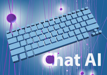 Chat ai. Keyboard is among neural networks. Generative preworking model. Chat AI language technology. Internet bot with artificial intelligence. Online site with chat AI tech. 3d rendering