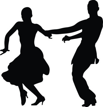 dancing couple man and woman holding hands, dancing foxtrot, black silhouette on white background, vector illustration