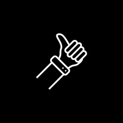 Thumb up gesture line icon isolated on black background. 