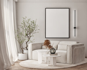 Mockup poster frame on the wall of living room. Luxurious apartment background with contemporary design. Modern interior design. 3D render, 3D illustration.
