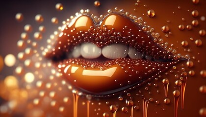 Caramel sweet lips with drops of syrup. Generative AI