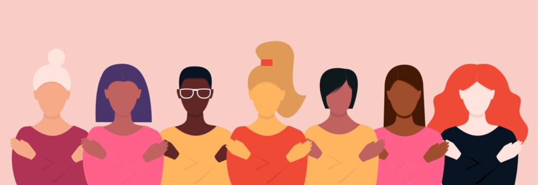 Women of different ethnicities together. #EmbraceEquity. Vector illustration of faceless women of different races.