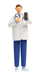 3d render. Doctor cartoon character shows smart phone device with blank screen. Medical application concept