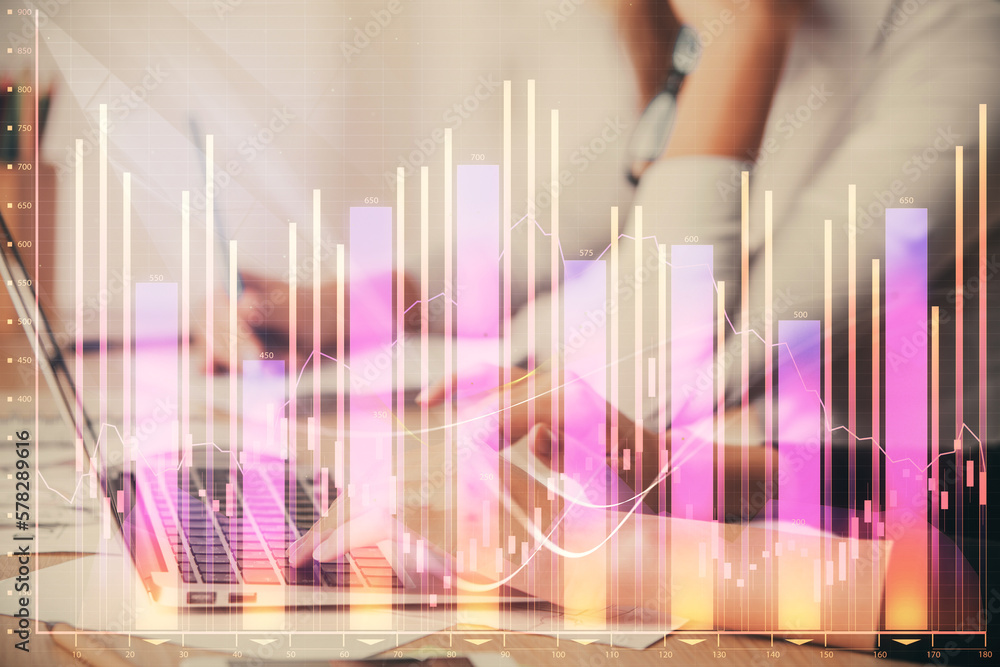 Poster multi exposure of woman hands typing on computer and financial chart hologram drawing. stock market 