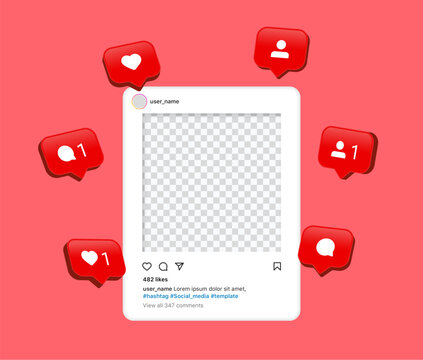 instagram post frame mockup template like notifications. social media network, instagram feed post mock up. vector interface template . instagram notification icons and heart like speech bubble icon