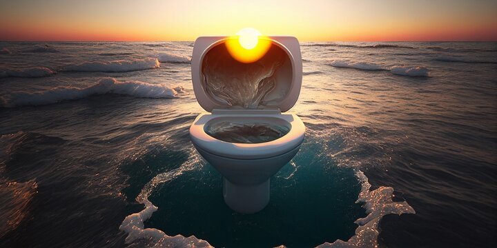 Toilettensitz sauber und frisch im Meerwasser mit Sonnenuntergang. AI generativ
