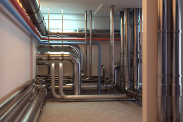 Cellar with engineering communications. Pipes in utility room. Pipes for heating or sewage. Background of engineering communications. Concept for maintenance of basement with pipes. 3d image