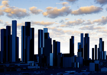 Landscape of metropolis. City with skyscrapers. Evening downtown. Dawn in metropolis. Concept of business real estate in downtown. Skyline from skyscrapers. Metropolis under sky. 3d image