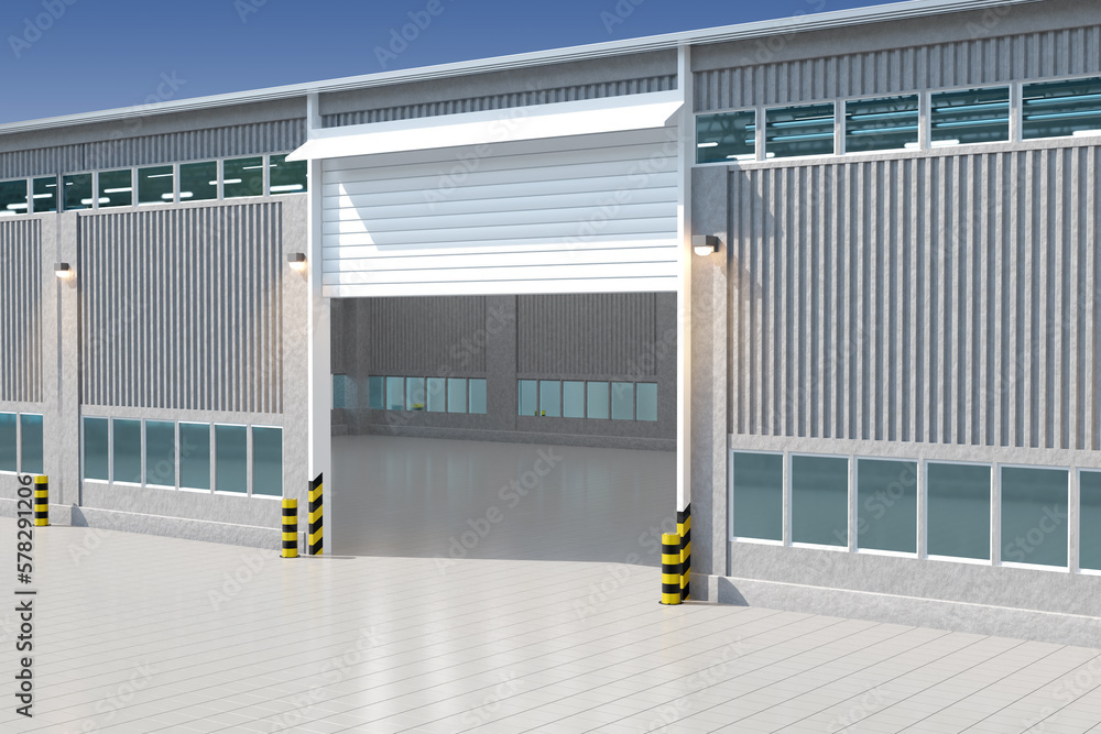 Poster building of warehouse. hangar with large gate. warehouse for manufactured company. empty hangar view