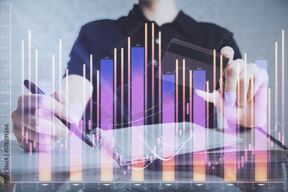 Poster double exposure of man hands holding a credit card and forex graph drawing. stock trading and digita