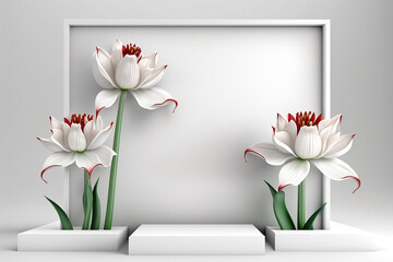 White display abstract minimal podium product package mock up presentation show cosmetic stage pedestal platform with amaryllis flowers. Generative AI