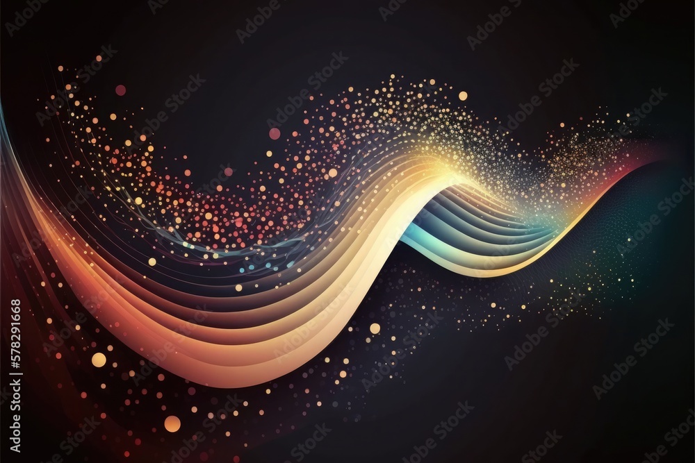 Poster abstract techno shiny waves with moving lines and shining particles. design element with glowing eff