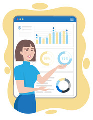 A businesswoman presents graphic finance report