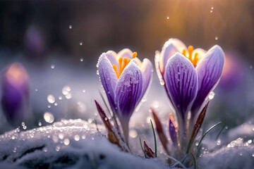 Obraz na płótnie Canvas Daisy flowers blooming purple on snow with blurred bokeh background while sunrise. Generative AI illustration