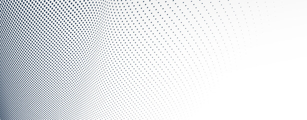 Grey dots in 3D perspective vector abstract background, dotted pattern cool design, wave stream of science technology or business blank template for ads.