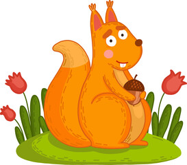 Cute children's illustration with a squirrel and a nut in cartoon style