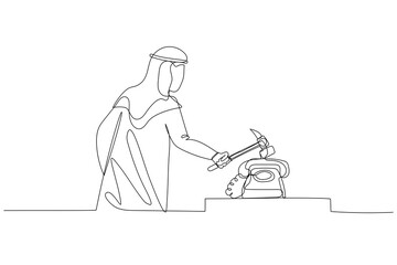 Illustration of arab businessman with hammer smashing telephone. Concept of furious. One line style art