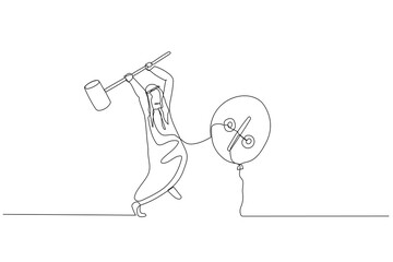 Cartoon of arab businessman trying to hit balloons with interest sign. Concept of inflation control. Continuous line art style