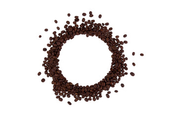 Roasted coffee beans isolated on a white background with copy space in the center.