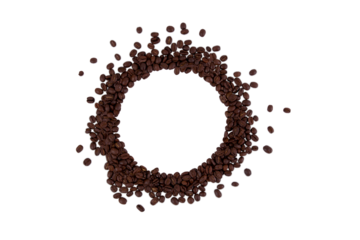 Roasted coffee beans isolated on a white background with copy space in the center.