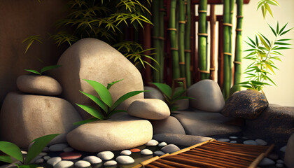 Bamboo and stones in a wellnes spa, generative ai