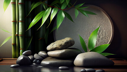 Fototapeta na wymiar Bamboo and stones in a wellnes spa, generative ai