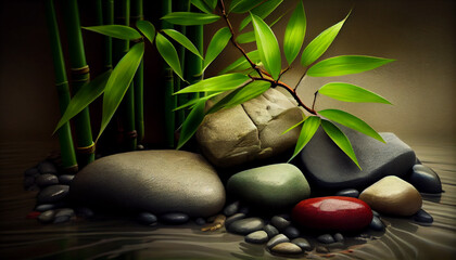 Obraz na płótnie Canvas Bamboo and stones in a wellnes spa, generative ai