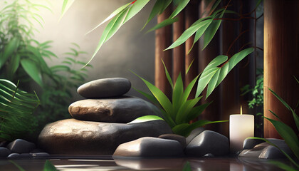 Bamboo and stones in a wellnes spa, generative ai - obrazy, fototapety, plakaty