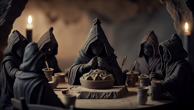 A claymation themed picture of a medieval secret groop around one table, generative ai