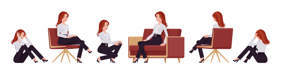 Business consultant professional lady set, attractive woman sitting poses. Office girl, female manager formal work occasion classic wear. Vector flat style cartoon character isolated, white background