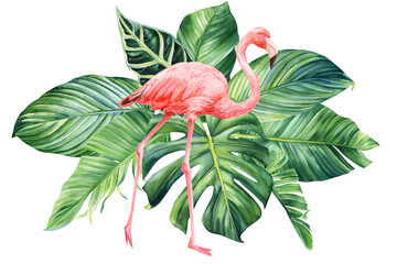 Obraz premium Beautiful flamingo bird and palm leaves, card, poster, tropical decoration watercolor illustration, botanical painting