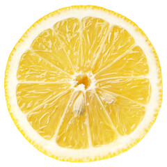 Top view of textured ripe slice of lemon citrus fruit isolated on transparent background. Lemon slice with seeds