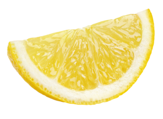 Ripe slice of yellow lemon citrus fruit isolated on transparent background. Full depth of field.