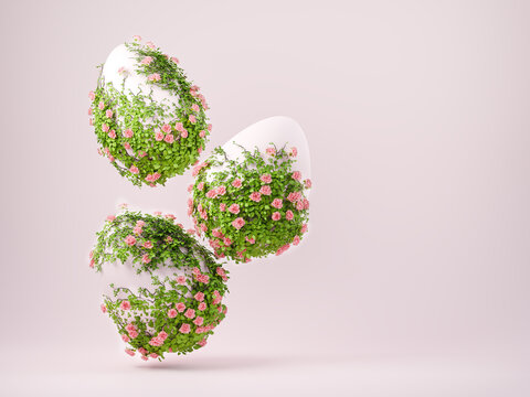 3d Spring Floral Scene With Easter Eggs, Podium Display On Pink Background