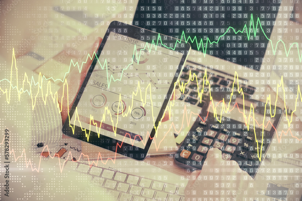 Poster double exposure of man's hands holding and using a digital device and forex graph drawing. financial