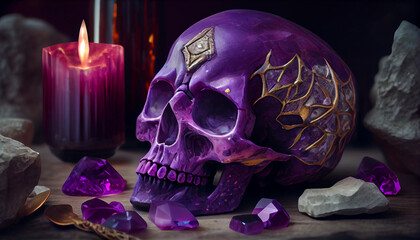 Magic purple gemstones and skulls for esoteric spiritual practice, generative ai
