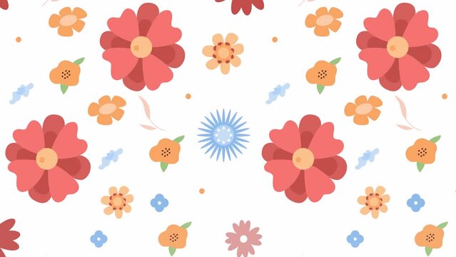 Animated blooming repeated pattern. Spring flowers. Color cartoon style 4K video footage with alpha channel for web design. Seamless motion graphic loop animation on transparent background