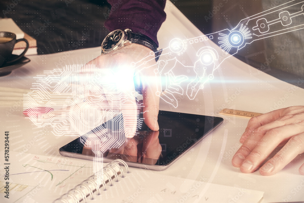 Poster double exposure of man's hand holding and using a digital device and brain hologram drawing. data co