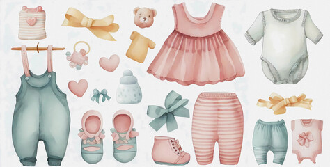 Watercolor baby clothes on white background. Generative ai design.