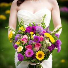 Bride in beautiful wedding dress with colorful bridal bouquet. Generative AI.