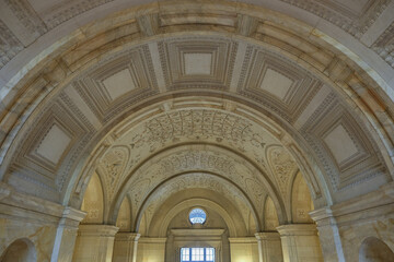 Obraz premium Breathtaking architecture details of panoramic dome mural columns scenic building interior view with historic walls, chandeliers, marble statues and staircases in public city landmark