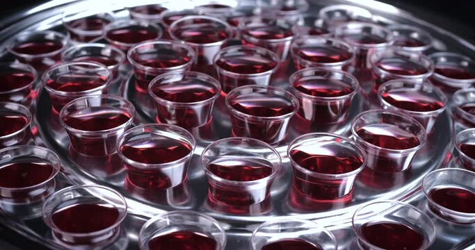 Closeup of young woman taking communion the wine symbol of Jesus Christ blood in small cups on black background. Easter Passover and Lord Supper concept. Dolly shot 4k