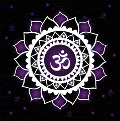 Chakra Sahasrara with om symbols on black background. Mandala vector illustration for yoga and meditation.