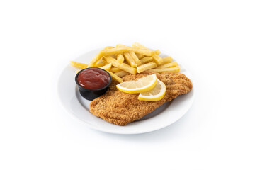 Wiener schnitzel with fried potatoes isolated on white background