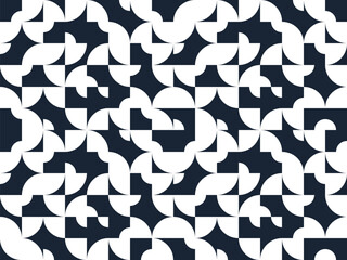 Geometric abstract seamless pattern with black and white simple elements of geometry, wallpaper background in retro 70s style, Bauhaus constructive style tiles.