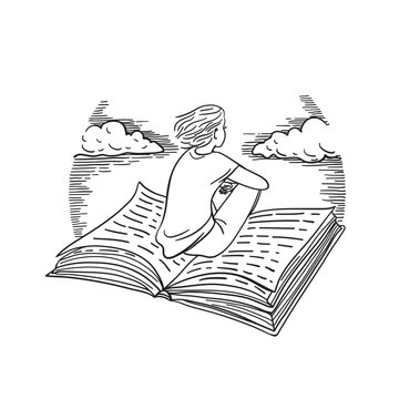 Hand drawn black and white ex libris in vector. Illustration of a man flying in the sky on an open book.