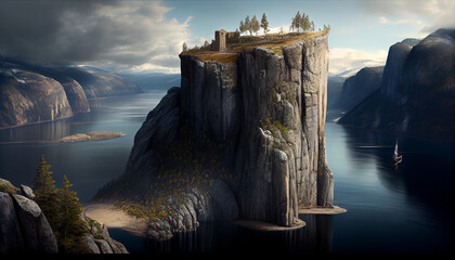 Rock looks like pulpit rock in norway, solitary big rock near river and mountains in background, generative ai