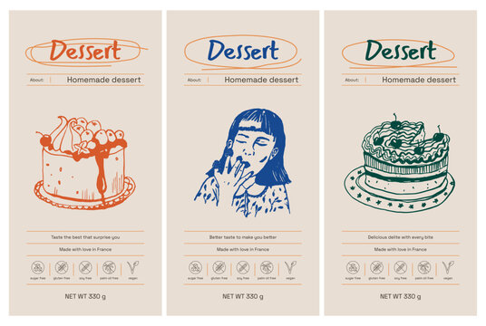 Hand drawn line art food vector packaging label design template. Boho style illustration of elegant signs and badges for cafe, restaurant, food and drinks products.
