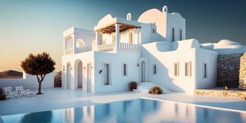 Obraz na płótnie Canvas Schöne Architektur eines weißen Hauses mit Pool in Spanien in Küstennähe, ai generativ