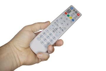 The left hand of a man with a gray remote control from the TV. Isolate on a transparent background.